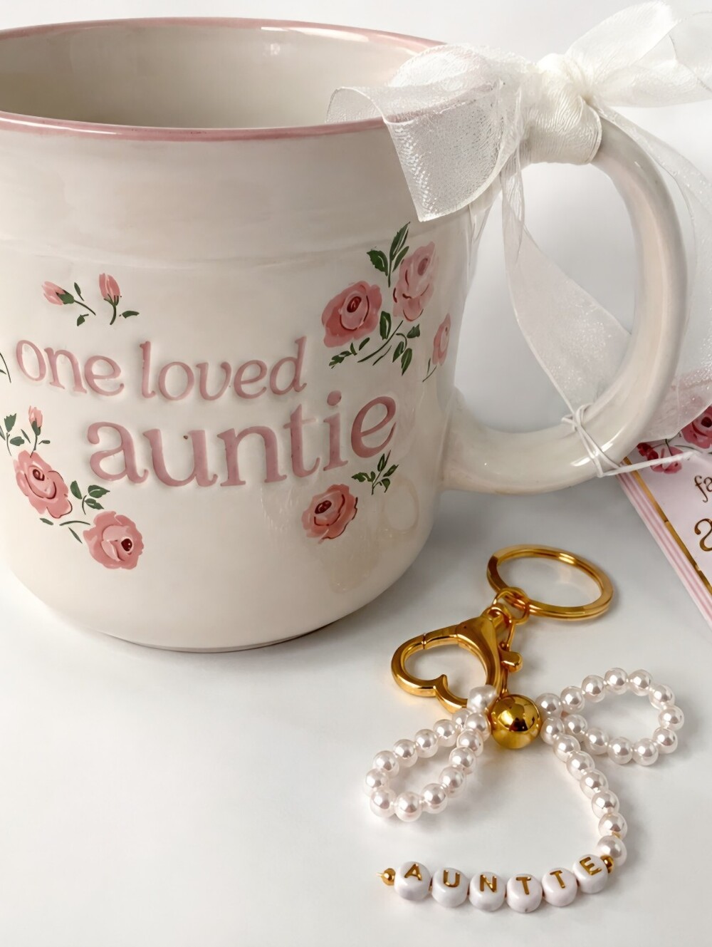 One Loved Auntie Pink Floral Ceramic Coffee Mug And Keychain
